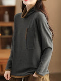 Momentlover Pockets Contrast Color Loose Long Sleeves High Neck T-Shirts Tops