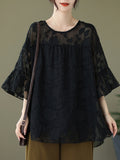 Momentlover Split-Joint See-Through Pleated Falbala Short Sleeves Loose Round-Neck T-Shirts
