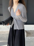 Momentlover Solid Color Knot Loose Long Sleeves V-Neck Sweater Tops Pullovers