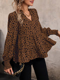 Momentlover Split-Joint Polka-Dot Elasticity Loose Long Sleeves V-Neck Blouses&Shirts Tops