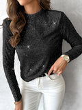 Momentlover Solid Color Shiny Sequined Long Sleeves Stand Collar T-Shirts Tops