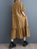 Momentlover Split-Joint Pleated Short Sleeves Loose Round-Neck Midi Dresses