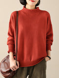 Momentlover Casual Loose Long Sleeves Solid Color High-Neck Sweater Tops