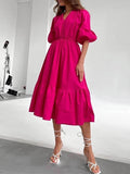 Momentlover Solid Color Pleated Elasticity Loose High Waisted V-Neck Midi Dresses