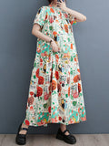 Momentlover Split-Joint Printed Buttoned Short Sleeves Loose Stand Collar Midi Dresses