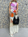 Momentlover Split-Back Flower Print Sleeveless High Waisted Mock Neck Maxi Dresses
