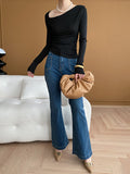 Momentlover Solid Color Skinny Long Sleeves Asymmetric Collar T-Shirts Tops