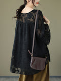 Momentlover Split-Joint See-Through Pleated Falbala Short Sleeves Loose Round-Neck T-Shirts