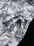 Momentlover Tied Waist Split-Joint Printed Pleated Puff Sleeves Loose Stand Collar Mini Dresses