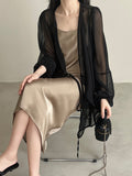 Momentlover Bishop Sleeve Long Sleeves See-Through Split-Joint Tied Collarless Blouses&Shirts Tops