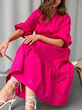 Momentlover Solid Color Pleated Elasticity Loose High Waisted V-Neck Midi Dresses