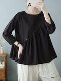 Momentlover Casual Loose Long Sleeves Solid Color Round-Neck T-Shirts Tops