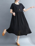 Momentlover Split-Joint Solid Color Gauze Short Sleeves Loose Round-neck Midi Dresses