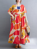 Momentlover Artistic Retro Short Sleeves Loose Contrast Color Printed Round-Neck Midi Dresses