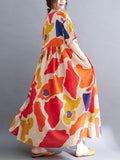 Momentlover Artistic Retro Short Sleeves Loose Contrast Color Printed Round-Neck Midi Dresses
