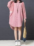Momentlover Split-Joint Plaid Contrast Color Buttoned Three-Quarter Sleeves Loose Lapel Shirt Dress Midi Dresses