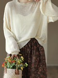 Momentlover Solid Color See-Through Loose Long Sleeves Round-Neck Sweater Tops