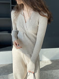 Momentlover Solid Color Knot Loose Long Sleeves V-Neck Sweater Tops Pullovers