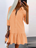 Momentlover Split-Joint Solid Color Pleated Buttoned Loose Long Sleeves Lapel Shirt Dress Mini Dresses