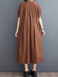 Momentlover Solid Color Pockets Buttoned Short Sleeves Loose V-Neck Midi Dresses