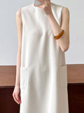 Momentlover Zipper Split-Back Solid Color Pockets Sleeveless Loose Round-Neck Midi Dresses