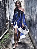 Momentlover Loose Ink Print Cold Shoulder High-Low Long Dress