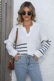 Momentlover Ribbed Notched Neck Striped Long Sleeve Sweater