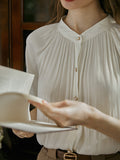 Momentlover Pleated Buttoned Short Sleeves Puff Sleeves Round-neck Blouses&shirts Tops