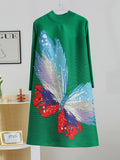Momentlover Casual Long Sleeves Loose Contrast Color Printed Pleated Beaded Stand Collar Mini Dresses