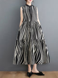 Momentlover Striped Sleeveless Loose Stand Collar Midi Dresses