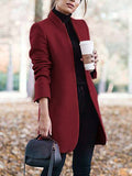 Momentlover Long Sleeves Solid Color Split-Joint Stand Collar Outerwear Woolen Coat