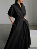 Momentlover High Waisted Loose Pleated Solid Color V-Neck Midi Dresses