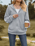 Long Sleeves Loose Drawstring Hooded Pockets Solid Color Zipper V-Neck Outerwear