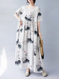 Momentlover Split-Joint Printed Pleated Short Sleeves Loose Round-neck Midi Dresses