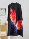 Momentlover Casual Long Sleeves Loose Contrast Color Printed Pleated Beaded Stand Collar Mini Dresses