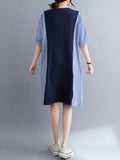 Momentlover Striped Split-Joint Short Sleeves Loose Round-neck Midi Dresses