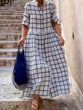 Momentlover Long Sleeves Loose Buttoned Plaid Split-Joint Stand Collar Maxi Dresses