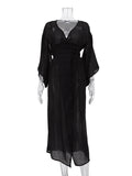 Momentlover Tied Waist Split-Side Solid Color See-Through Three-Quarter Sleeves Loose V-Neck Midi Dresses