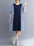 Momentlover Striped Split-Joint Short Sleeves Loose Round-neck Midi Dresses