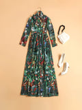 Momentlover Zipper Flower Print Elasticity Bowknot Loose Long Sleeves Round-neck Maxi Dresses