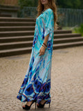 Momentlover Split-side Butterfly Print Short Sleeves Loose V-neck Maxi Dresses Beach Cover-Up