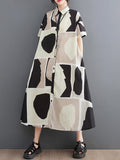 Momentlover Printed Color-Block Short Sleeves Oversize Lapel Shirt Dress Midi Dresses