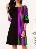 Momentlover Striped Contrast Color Asymmetric Plus Size Loose Round-neck Mini Dresses