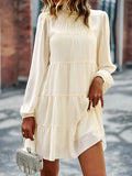 Momentlover Tied Split-Joint Solid Color Pleated Elasticity Long Sleeves High Waisted Mock Neck Mini Dresses