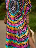 Momentlover Split-Side Printed Short Sleeves Loose V-Neck Maxi Dresses Beach Cover-Up