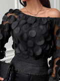 Momentlover Loose Puff Sleeves Elasticity Gauze See-Through Solid Color Split-Joint Round-neck Blouses