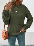 Momentlover Split-Joint Solid Color Pockets Loose Long Sleeves Round-Neck Sweater Tops Pullovers