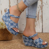 themeisles - Light Blue Casual Patchwork Fish Mouth Out Door Wedges Shoes