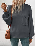 Momentlover Split-Joint Solid Color Pockets Loose Long Sleeves Round-Neck Sweater Tops Pullovers