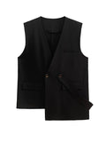 Momentlover Tied Waist Split-Joint Asymmetric Sleeveless Loose V-neck Vest Outerwear